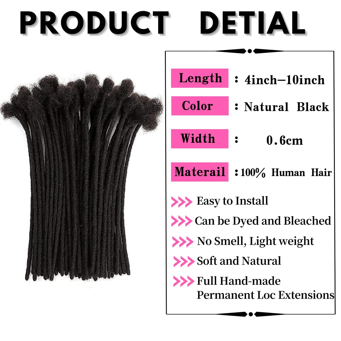Loc Extensions Human Hair 10 Inch 0.6cm Thickness 10 Strands 100% Full Handmade Permanent Dreadlock Extensions Real Human Hair For Women Men Kids Can Be Dyed Bleached Curled (Width 0.6cm Natual Black)