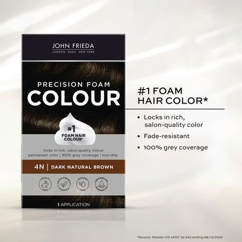 John Frieda Precision Foam Colour, Dark Natural Brown 4N, Full-coverage Hair Color Kit, Anti-Fade Gray Coverage, Deep Color Saturation Hair Dye, Pack of 2