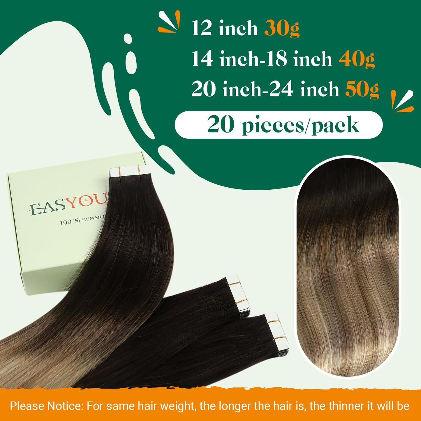 Easyouth Tape in Hair Extensions Human Hair Ombre Black Real Human Hair Tape in Extensions Dirty Brown Blonde Balayage Tape in Extensions Human Hair Remy #1b/8/22 12Inch 30g 20Pcs