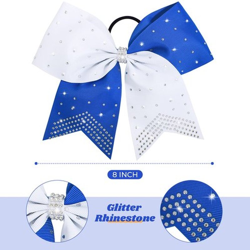 DEEKA 10 PCS Rhinestones Two Toned Large Cheer Hair Bows 7" Glitter Cheer Ponytail Holder Handmade for Teen Girls Softball Cheerleader Sports -Royal Blue/White