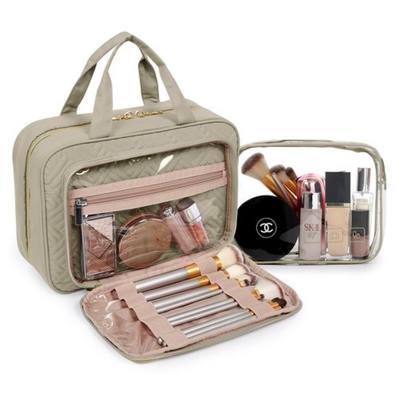 BAGSMART Toiletry Bag Hanging Travel Makeup Organizer with TSA Approved Transparent Cosmetic Bag Makeup Bag for Full Sized Toiletries, Large-Camel