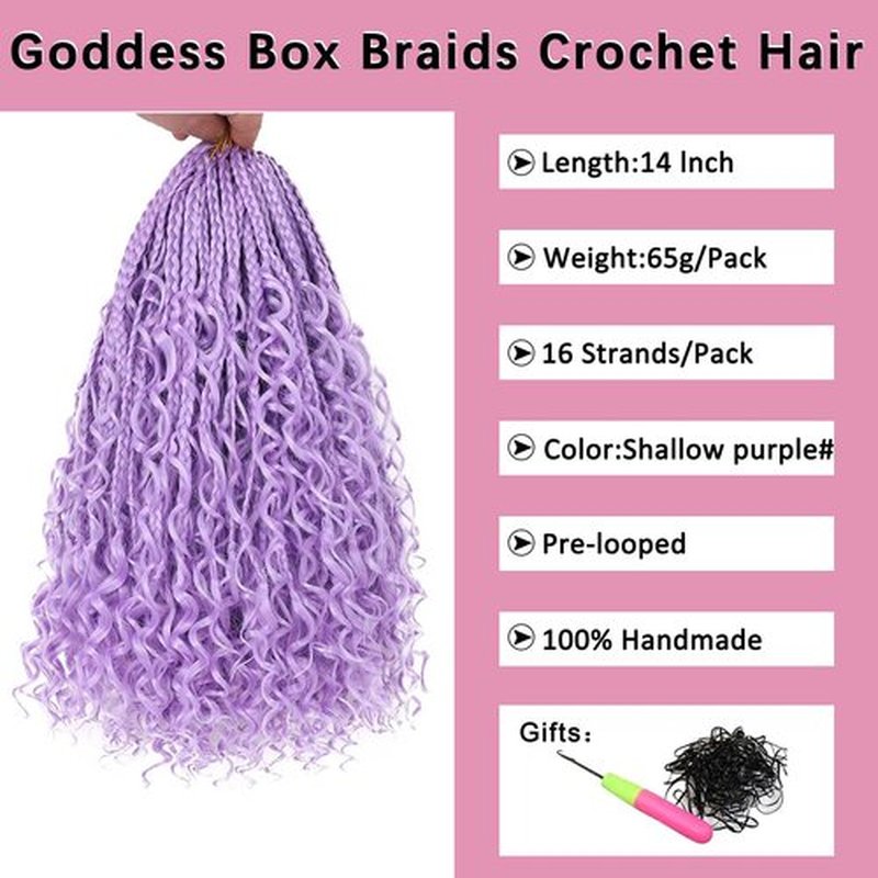 COOKOO 14 Inch Boho Box Braids 8 Packs Goddess Box Braids Crochet Hair Bohemian Hippie Braiding Hair With Curly Ends Pre-looped Synthetic Crochet Hair for Black Women (Shallow purple#)