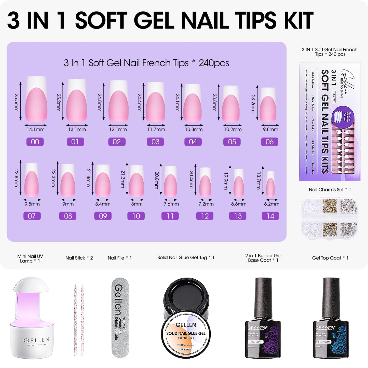 Gellen Pink Press on Nails Kit - Long Square French Tips Press on Nails 240pcs Soft Gel Nails, Include Gel Glue, Base Gel, Top Coat, Nail Lamp Nail Extension Kit