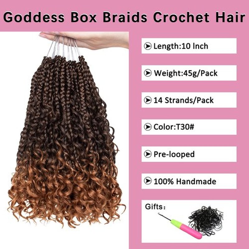COOKOO 10 Inch Goddess Box Braids Crochet Hair 8 Packs Goddess Crochet Hair Pre Looped With Curly Ends Synthetic Bohemian Hippie Ombre Knotless Braiding Hair for Black Women T30#