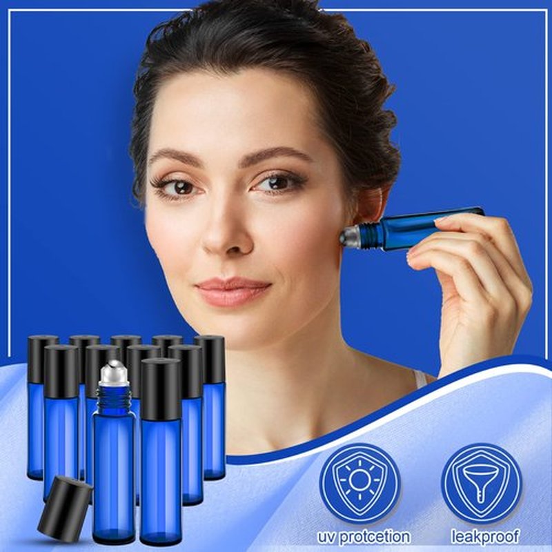 SEEWEY 96 Pcs Essential Oil Roller Bottles 10ml Empty Glass Roller Bottles with Stainless Steel Roller Balls Protection Leakproof with 5 Funnel for Travel Perfume Lip Gloss (Blue)
