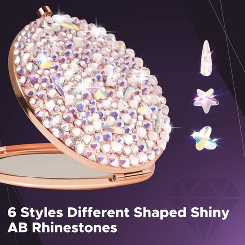QearFun Small Compact Mirror for Purses, Bling Diamond Rose Gold Mini Pocket Mirror, Luxurious Rhinestone Tiny Magnifying Mirror Gift for Women & Girlfriend Bridesmaids Wedding Favors Travel Makeup
