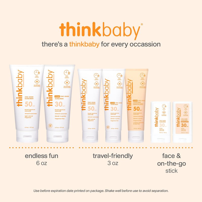 Thinkbaby SPF 30 Kids Sunscreen Stick for Sensitive Skin, 0.64 oz, Baby Sunscreen with Non-Nano Zinc Oxide 24%, Broad Spectrum UVA/UVB Protection, 80-Minute Water Resistant, Reef Friendly SPF Stick