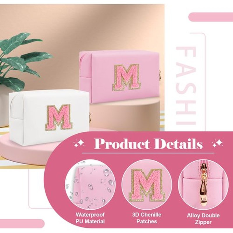 Personalized Initial A-Z Preppy Patch Makeup Bag,Small PU Leather Chenille Letter Cosmetic Bag with Zipper for Teen Girls,Pink Cute Travel Toiletry Bag,Birthday Monogrammed Gift for Daughter,Letter M