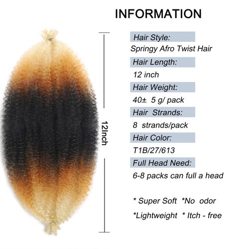 12 Inch Springy Afro Twist Hair 8 Packs Marley Twist Braiding Hair Pre-fluffed Spring Twist Hair Kinky Hair Afro Twist Hair Marley Hair for Faux Locs (12 Inch (Pack of 8), T1B/27/613#)