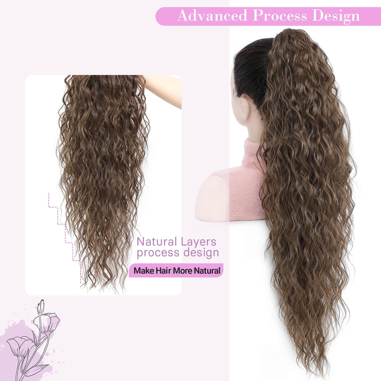 Marjorie Ponytail Extension 30 Inch Long Medium Brown Curly Claw Pony Tails Hair Extensions Fluffy Natural Looking Curly Wavy Ponytail Multi-layered Design Wavy Synthetic Hairpiece for Daily Use