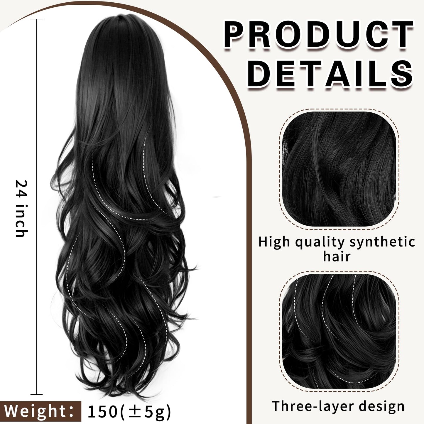 SHNMIN Ponytail Extension, Drawstring Ponytail Extension for Women 24 inch Long Wavy Pony Tails Clip in Ponytail Hair Extensions Synthetic Layered Ponytail for Daily Use