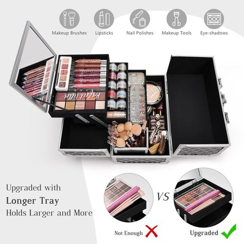 Joligrace Makeup Box with Mirror 3-Tray 11.6-Inch Makeup Train Case with Brush Holder Lockable Portable Storage Organizer Large Black