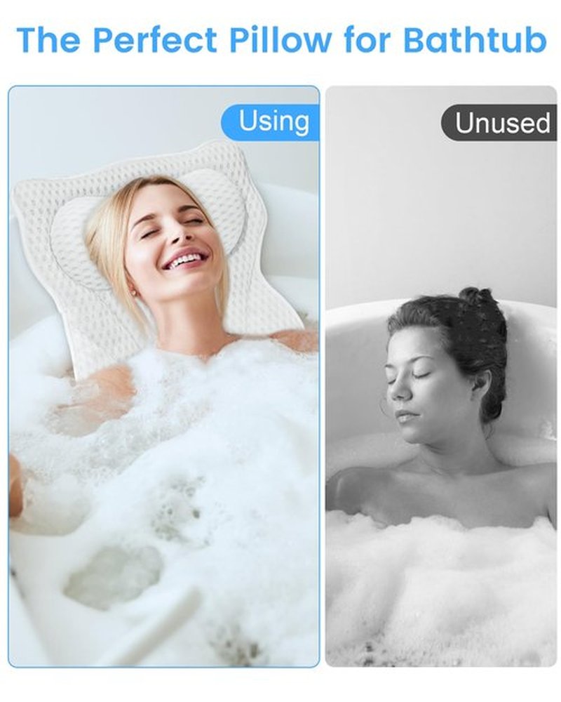 MTDLYICE Bath Pillow, Bath Pillows for Tub Neck and Back Support, Soft 4D Air Mesh Bathtub Pillow 16.5 x 17.3 INCH, with 6 Powerful Suction Cups, Bath Accessories Relaxing Gifts for Women (White)