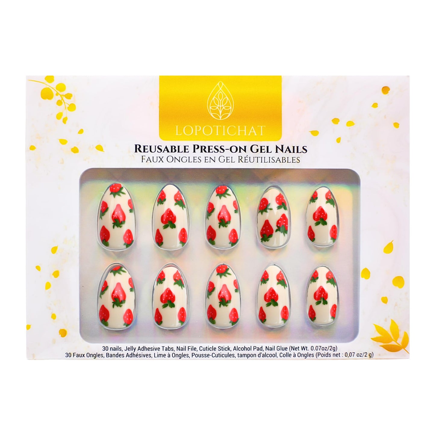 Lopotichat Ultra-Resistant Gel Press-On Nails Set - 30 Nails in 15 Sizes for Perfect & Natural Fit - Reusable Manicure for DIY Salon-Quality Nails at Home (Strawberries)