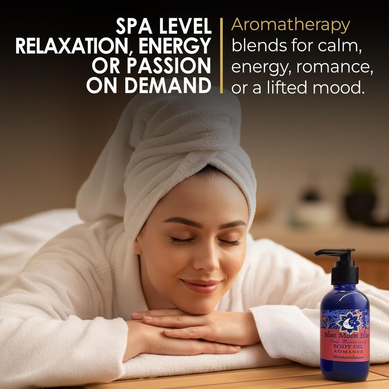 Blue Moon Elise Aromatherapy Body Oil - Hydrating Body Oil with Almond, Apricot & Coconut Oils - Scented with Pure Essential Oils for Women, Men & Dry Skin (Romance 4 oz)