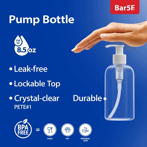Bar5f 60-Pack Plastic Bottles with Pump Dispenser, 8.5 oz | Leak Proof, Empty, Clear Refillable, BPA Free for Body Wash, Moisturizer, Face Cream, Liquid Soap | Black & White Pumping Caps | Set of Bulk