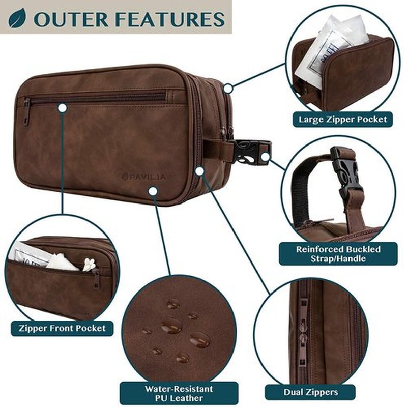 PAVILIA Toiletry Bag for Men, Travel Toiletries Bag | Water-resistant Dopp Kit, PU Leather Shaving Pouch Organizer for Accessories, Cosmetic, Hygiene, Grooming Essentials (Dark Brown)