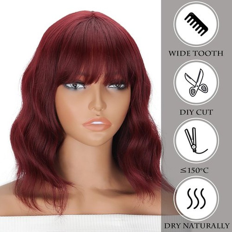 LINGHANG Short Wine Red Wavy Wig with Bangs,Dark Red Bob Wig for Women,Synthetic Hair Water Wave Medium Length Colorful Wigs,Cosplay wigs