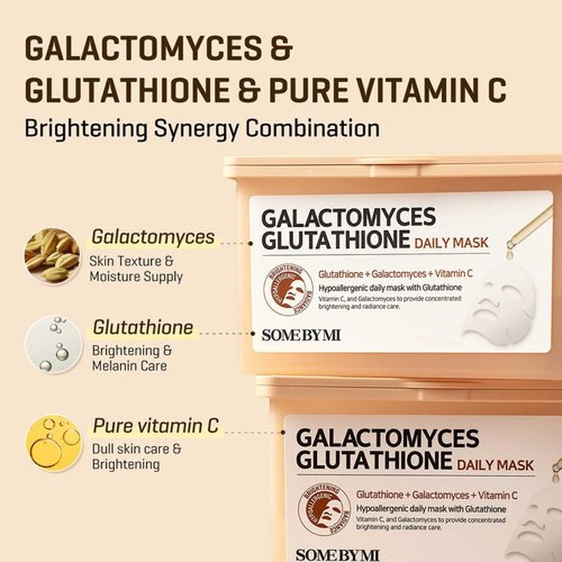 SOME BY MI Galactomyces Glutathione Daily Mask - 30 Sheets, 11.8Oz - Vitamin C Vegan Face Sheet Mask for Skin Brightening Routine - Skin Moisturizing and Glowing Care for Glass Skin - Korean Skin Care