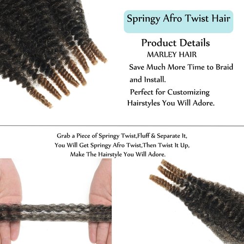 8 Packs Springy Afro Twist Hair Marley Twist Braiding Hair 8 Inch Pre-Separated Black Kinky Braiding Hair for Women Afro Spring Twist Hair Wrapping Hair for Soft Locs (8 Inch (Pack of 8), T27#)