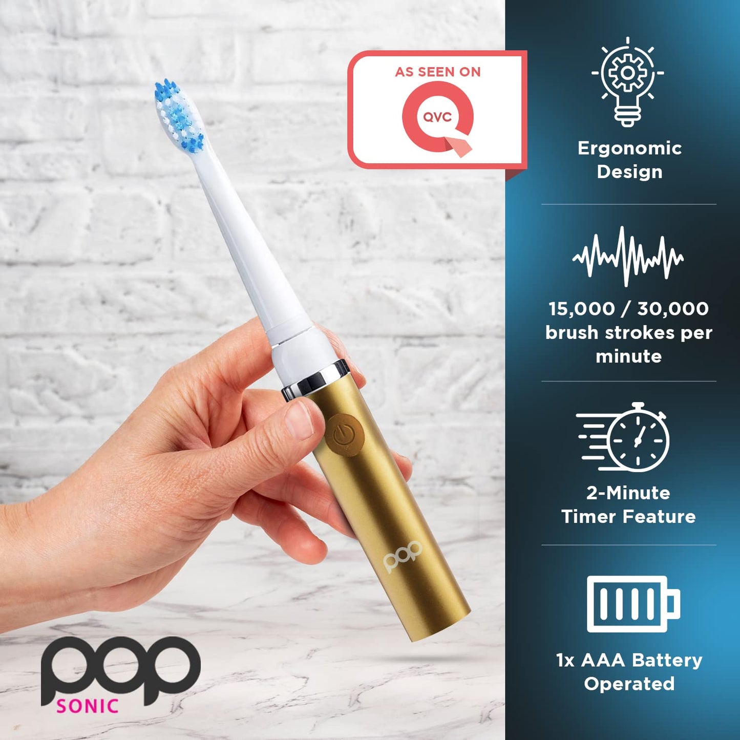 Pop Sonic Electric Toothbrush (Metallic Gold) - Travel Toothbrushes w/AAA Battery | Kids Electric Toothbrushes with 2 Speed & 15,000-30,000 Strokes/Minute, Dupont Nylon Bristles
