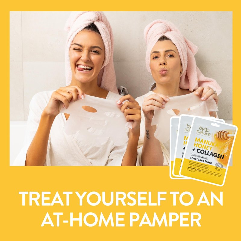 By Nature Manuka Honey + Collagen Sheet Face Mask – Hydrating & Firming Skincare – Moisturizing Face Mask for Dry or Tired Skin – Anti-Aging Self Care Sheet Mask (Pack of 12)