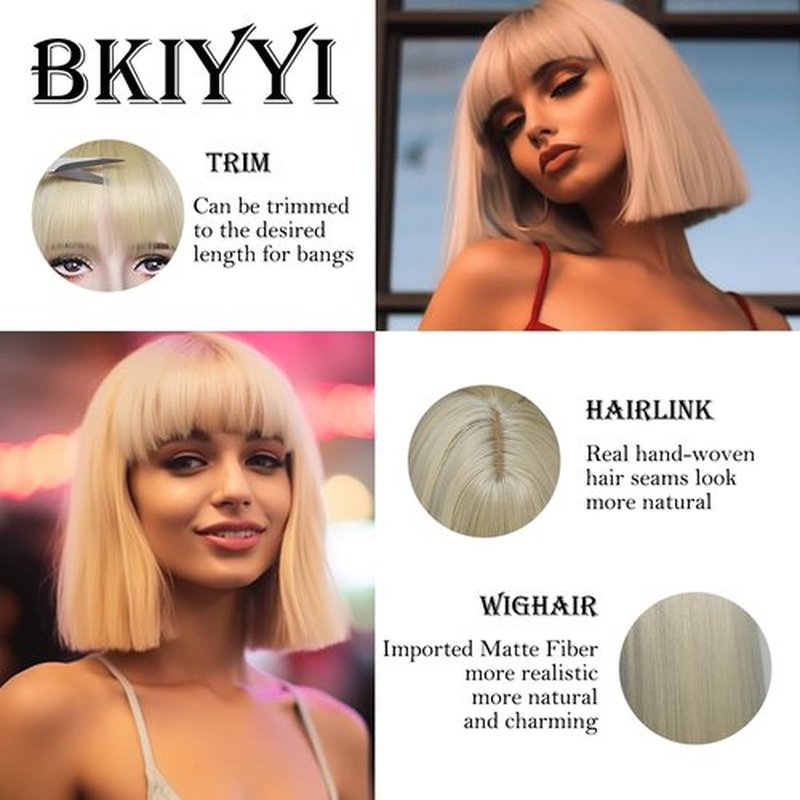 Blonde Bob Wig with Bangs Short Blonde Straight Wig for Women Natural Looking Heat Resistant Synthetic Wig for Grils Daily Party Halloween Cosplay Use 13inch