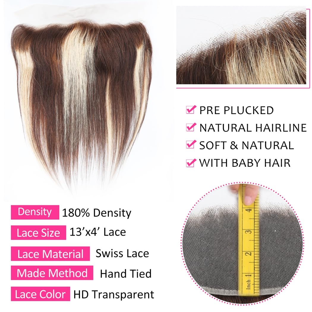 4/27 Highlight Straight Bundles with 13x4 Lace Frontal Brazilian Human Hair 3 Bundles with Frontal Ombre Blonde Colored 180% Density 12 14 16+10 Unprocessed Straight Virgin Hair Closure with Bundles