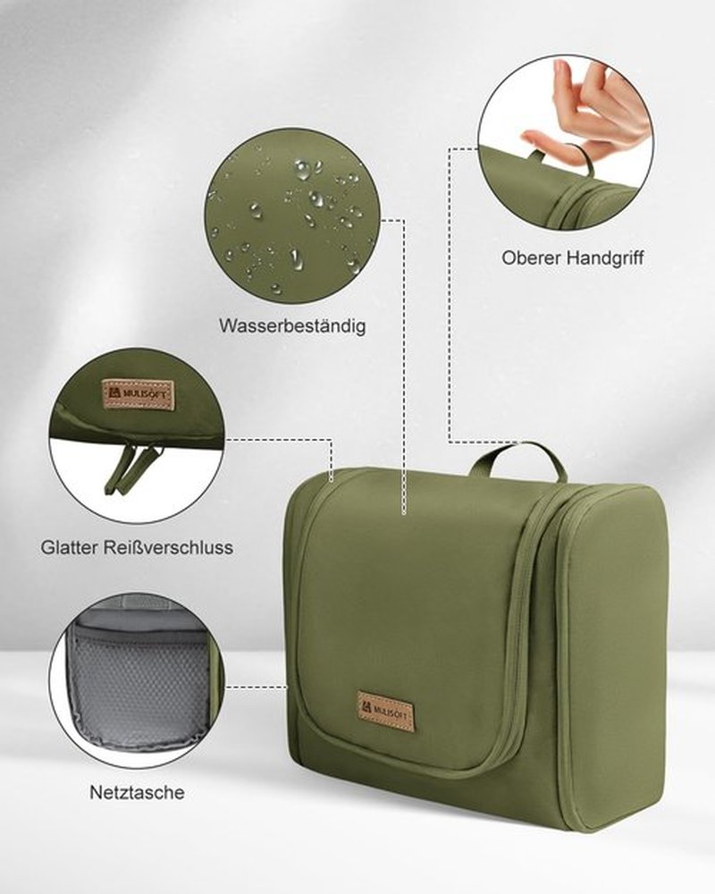 MULISOFT Toiletry Bag for Men and Women, Hanging Travel Toiletry Bag with Large Capacity, Water-resistant Makeup Bag with 16 Compartments for Toiletries and Cosmetics, Dopp Kit Shaving Bag, Green