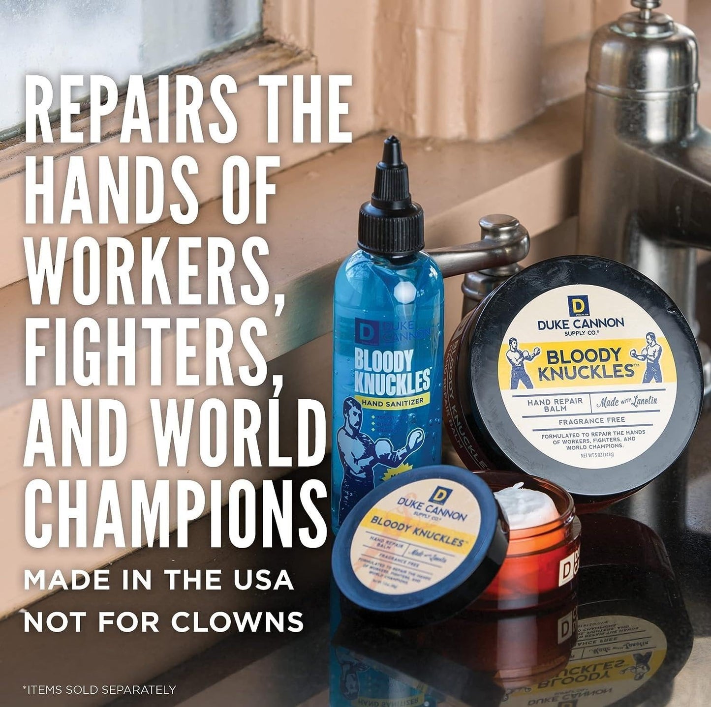 Duke Cannon Bloody Knuckles Hand Repair Balm - Unscented Moisturizer, Repair and Revitalize Dry, Cracked Skin, Ideal for Workers and Fighters, Set of 2 (5 oz. & 1.4 oz.)