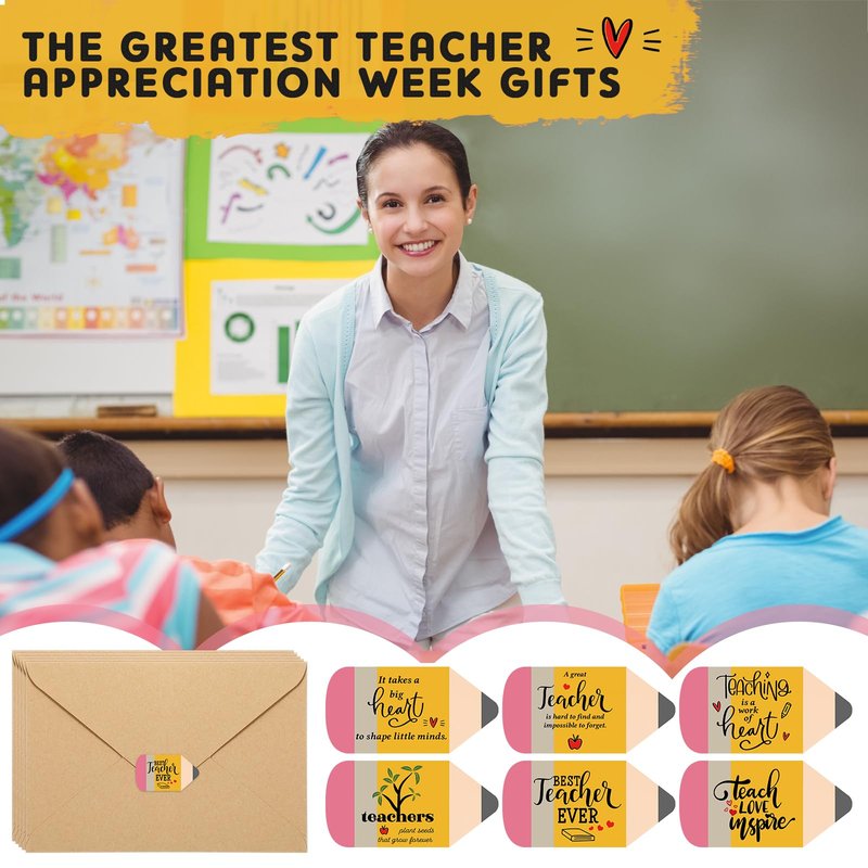 Spakon 24 Sets Teacher Appreciation Gifts Teacher Thank You Cards Bulk with Envelope and Sticker Pencil Shape Cards Inspirational Thank You Note End of School Year Gifts, 6 Styles