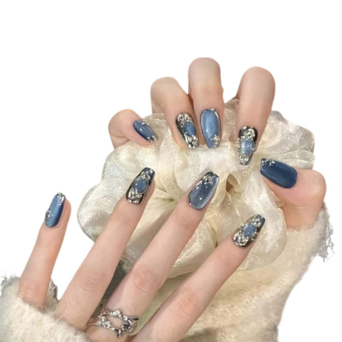 Lurenia • Lxssie Handmade French Design Press On Nails Gift Set with Hand-Painted Silver Texture, Inlaid Rhinestones, and Cat’s Eye Blue Gemstone (EXTRA SMALL-Cat’s Eye Blue Gemstone, )