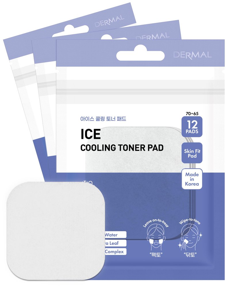 DERMAL Ice Cooling Toner Pad - Korean Soothing & Hydrating Toner Pads with Aloe Vera - After Suncare, Sunburn Relief, Redness Relief - Vegan Square Pads - Travel Kit 12 ea, 3 Pack (Total 36 ea)