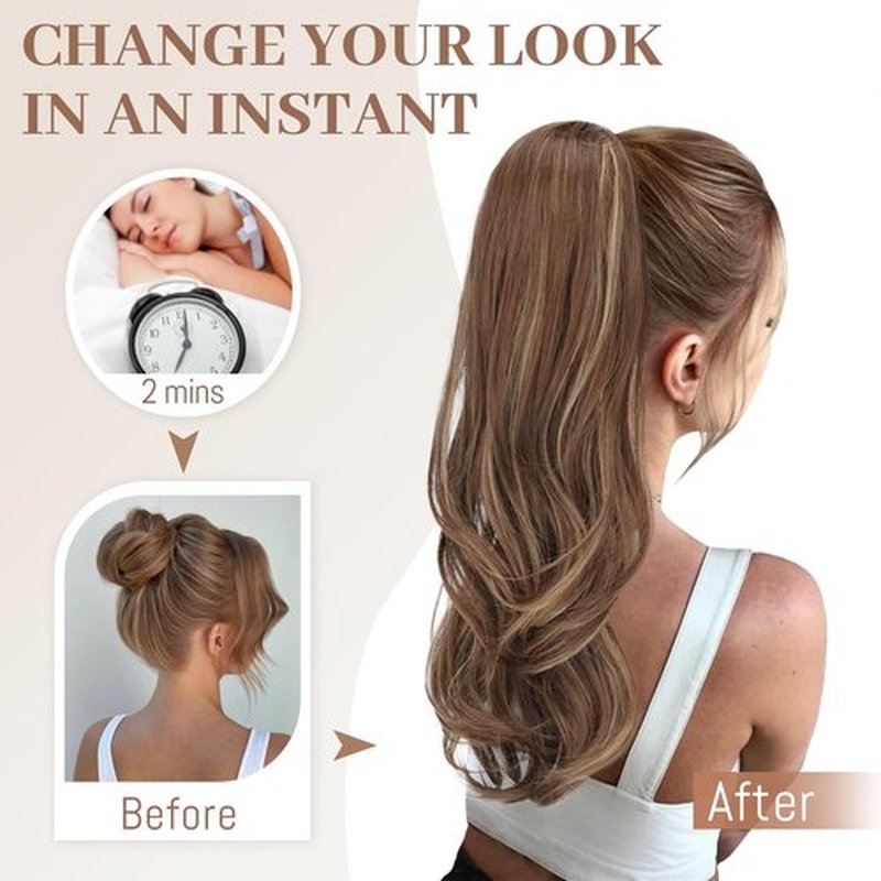 KooKaStyle Ponytail Extensions, 22 inch Ash Blonde Mix Light Brown Long Drawstring Wavy Clip in Ponytail Hair Extensions Layered Synthetic Hairpiece for Women