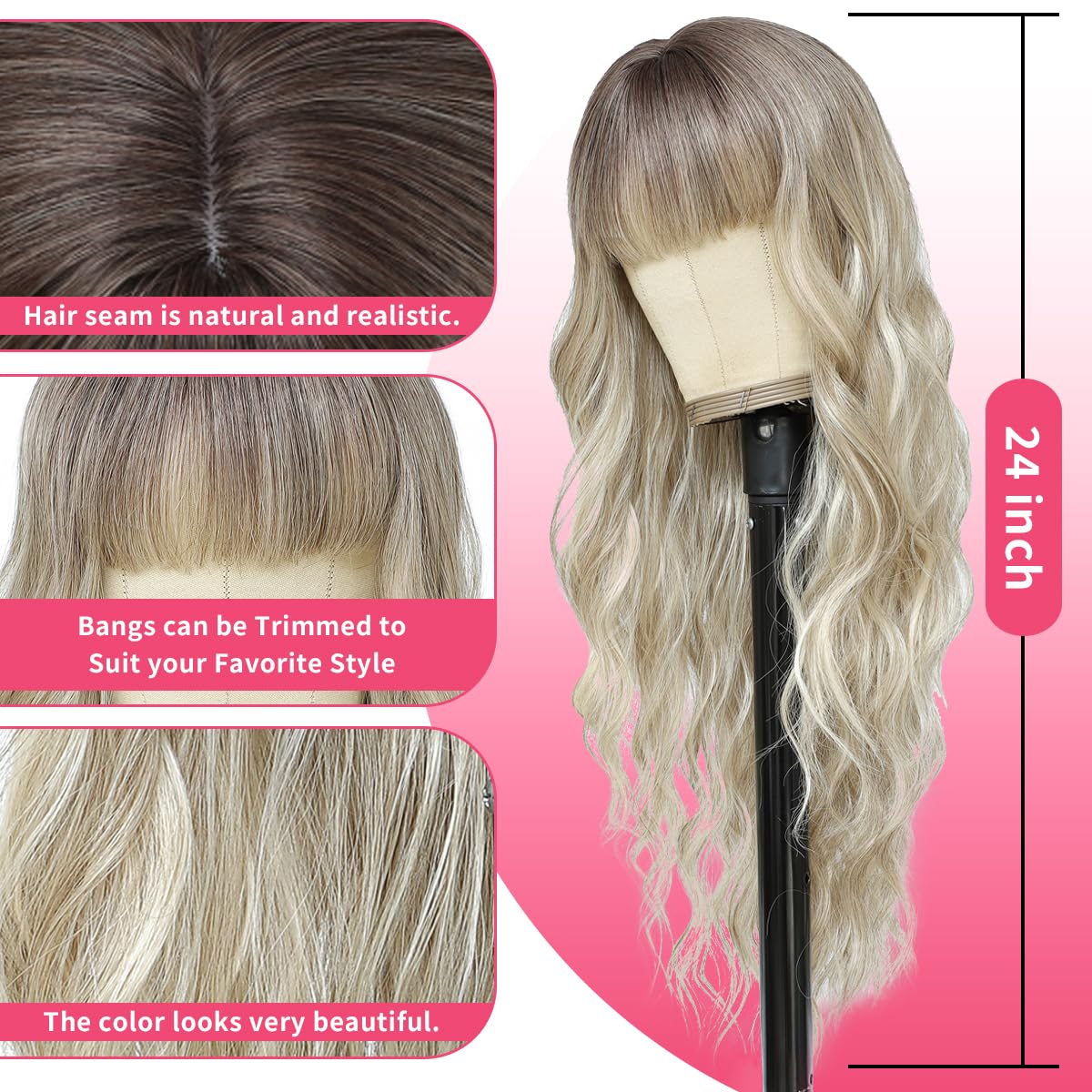 Beaurocks Blonde Wig With Bangs Long Wavy Curly Ombre Wig With Dark Root Wigs For White Women Blonde Wigs With Bangs Synthetic Heat Resistant Wigs for Women Daily Party Use 24inch (Ombre Blonde