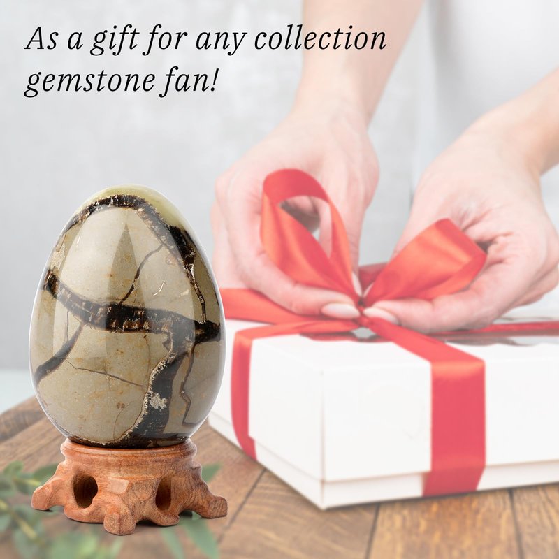 gemshan Big Stone Egg Figurine, Polished Healing Crystal 3.6inch Easter Eggs Sphere Sculpture with Wood Stand (Brown)