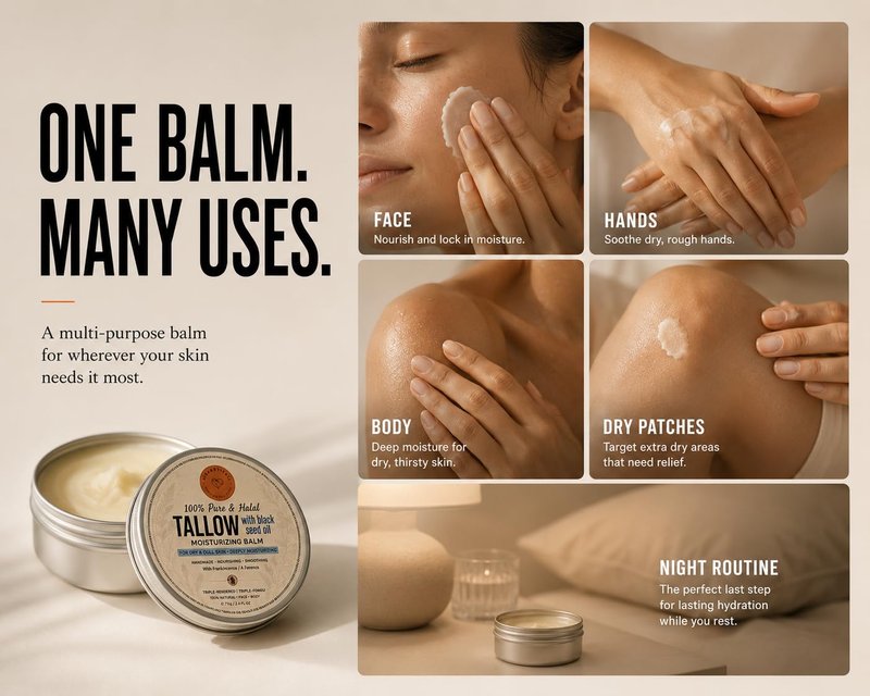 Hearthical Halal Grass Fed Beef Tallow For Skin – 70g Organic Beef Tallow Moisturizer – Beef Tallow Face Moisturizer & Beef Tallow Face Cream – Pure Beef Tallow Balm with Black Seed and Jojoba
