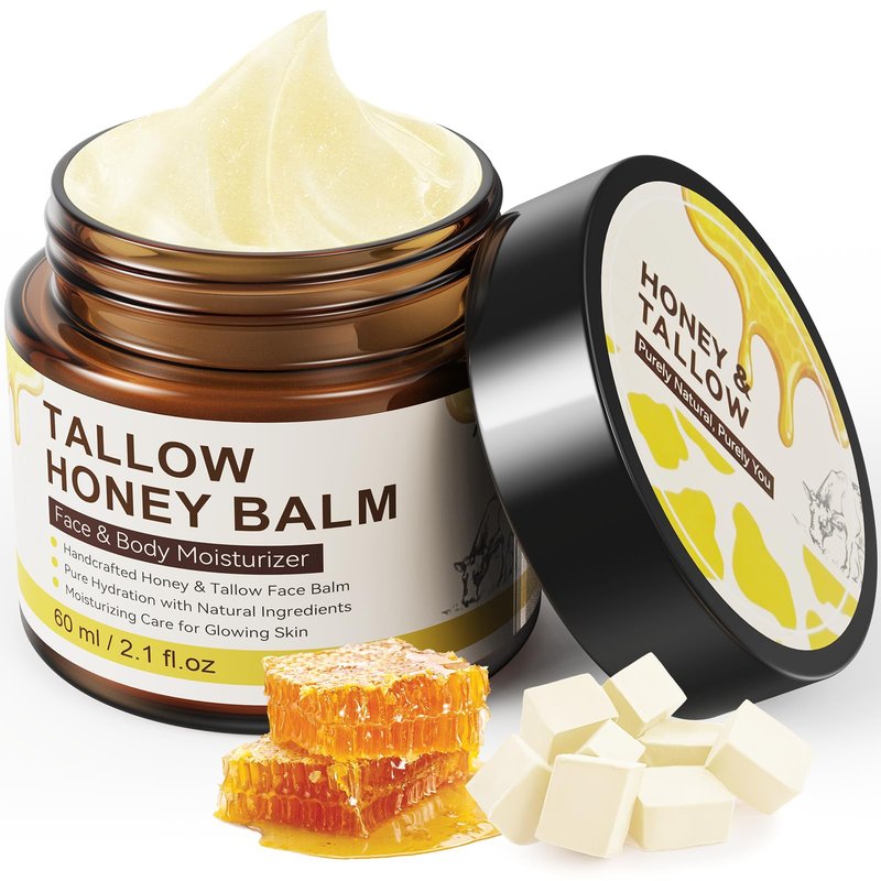 Beef Tallow for Skin – 100% Organic Grass Fed Natural Tallow & Honey Face Balm, Whipped Beef Tallow for Sensitive Skin and Face + Body Care, Moisturizing Natural Formula