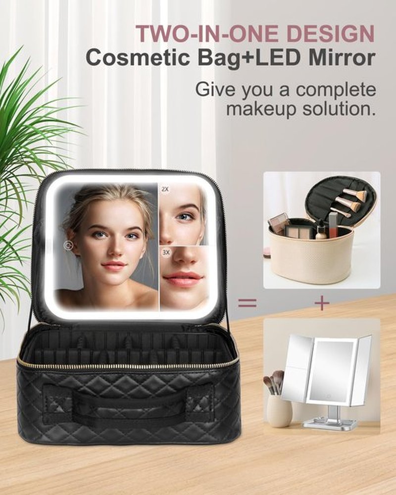 MAYFIY Makeup Bag with LED Mirror and Travel Makeup Train Case Cosmetic Organiser with 2X3X Magnifying Mirror and Separate Makeup Brush Panel, Portable Adjustable Divider Storage Bag, Black