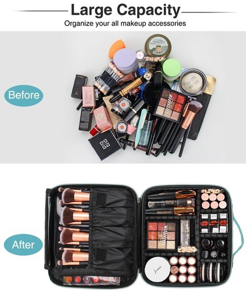 Relavel Travel Makeup Train Case Makeup Cosmetic Case Organizer Portable Artist Storage Bag with Adjustable Dividers for Cosmetics Makeup Brushes Toiletry Jewelry Digital Accessories Teal