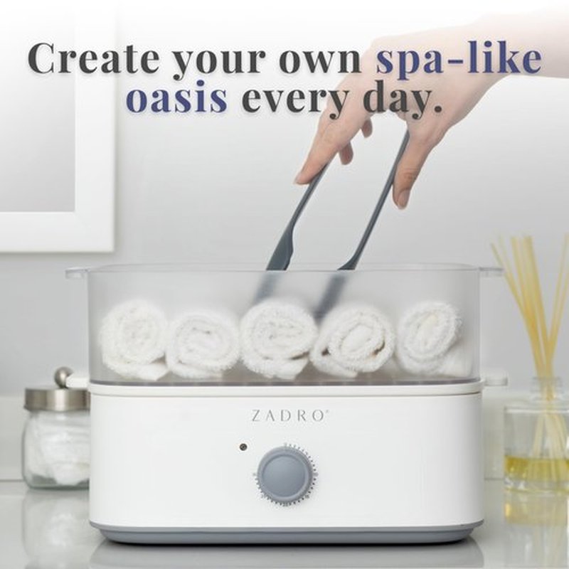 Zadro Towel Steamer with Tongs, 850W Heater, 8L Tray, 1.7L Tank, 30-min Timer for Facials, Manicures, Pedicures, Shaving (13"x12", 120V/850W, 8L, Tan/Gray)