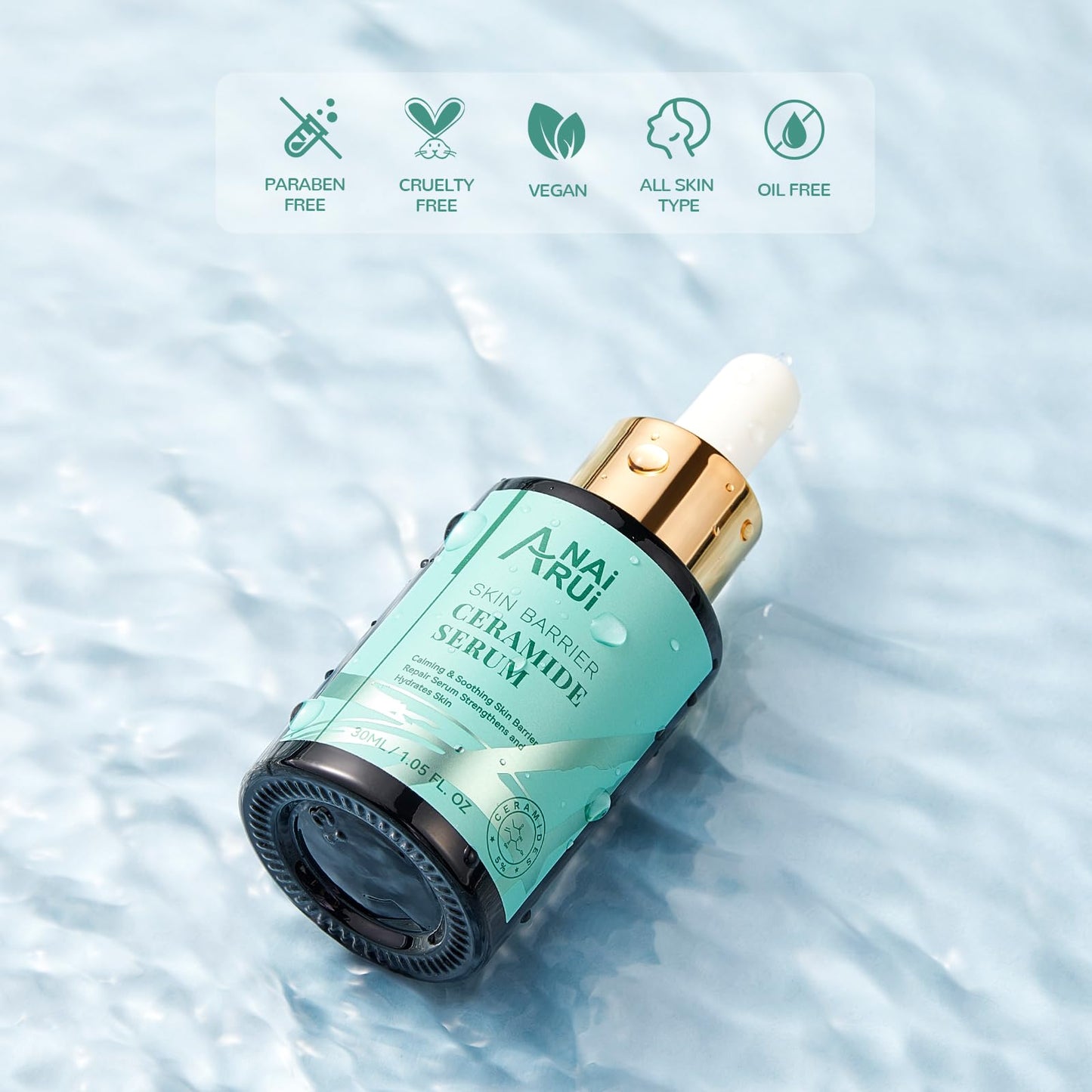 ANAI RUI 5% Ceramide Serum for Sensitive Skin | Skin Barrier Repair & Deep Hydration | Hyaluronic Acid + Rice Protein | Calms Redness & Dryness | All Skin Types | 1.05 Fl.oz