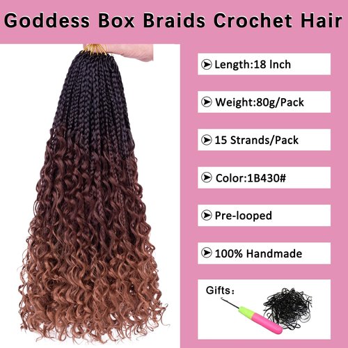 COOKOO 8 Packs Goddess Box Braids Crochet Hair With Curly Ends 18 Inch 3X Synthetic Bohemian Hippie Box Braids Crochet Hair Pre Looped Ombre Knotless Braiding Hair for Black Women 1B430#