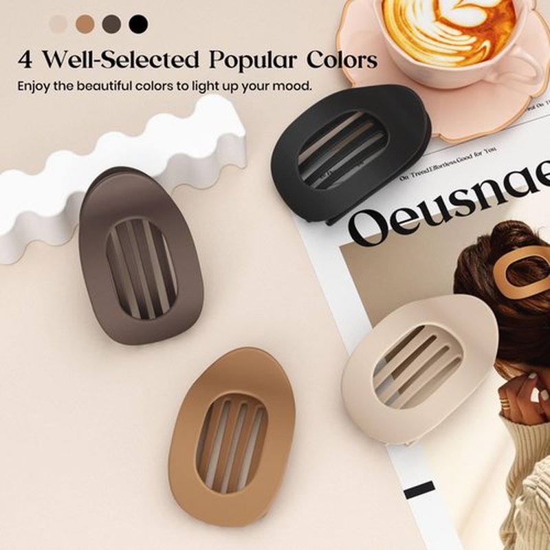 Oeusnael 4 PCS Flat Hair Clips, French Round Lay Down Claw Clips for Women Girls, Matte Non-slip Strong Hold Hair Clips for Thick Thin Curly Hair, Comfortable Curved Flat Hair Clips, Neutral Colors