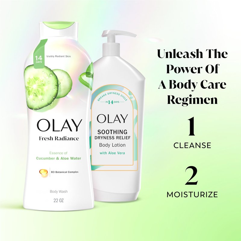 Olay Body Wash for Women, Fresh Radiance, Refreshing & Renewing, Made with Plant Based Cleansers, B3 Botanical Complex, For All Skin Types, Cucumber & Aloe Water Scent, 22 fl oz (Pack of 4)