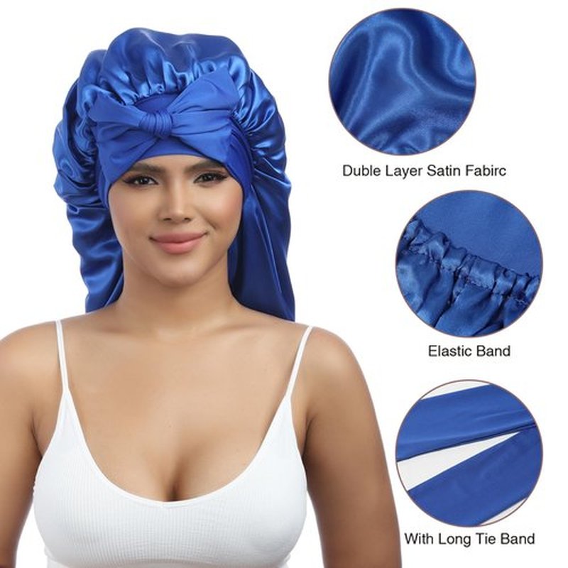 AWAYTR Long Satin Bonnet for Women - Double Layer Elastic Silk Bonnet for Braids Hair Sleeping Cap with Tie Band (Royal Blue)