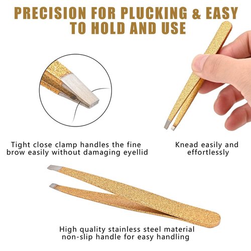 Amytor Eyebrow Tweezer Set, 4 Pcs Professional Stainless Steel Tweezers for Women, Precision Tweezer for Facial Hair, Splinter and Ingrown Hair Removal(Glod)
