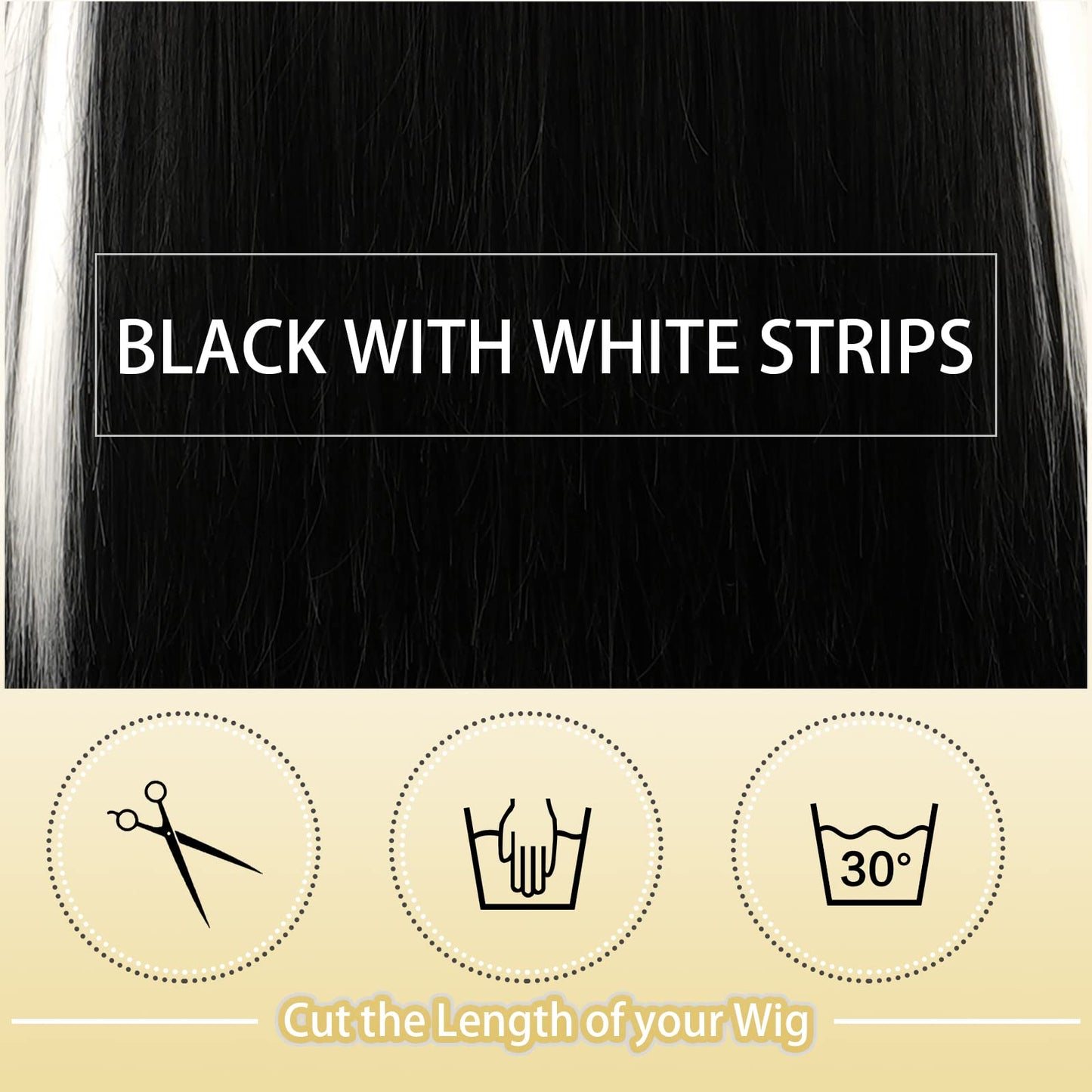 SOFEIYAN Long Straight Wig with Bangs Black with White Strips Synthetic Hair Replacement Wigs Heat Resistant Full Wig for Women Girls 26 inches