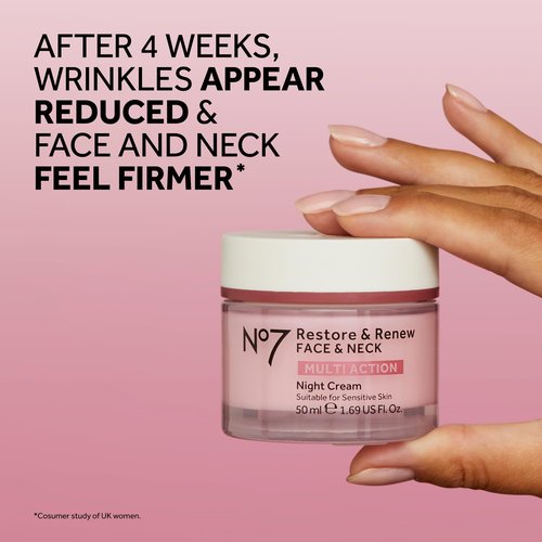 No7 Restore & Renew Multi Action Face & Neck Night Cream - Collagen Peptide Anti Aging Face Cream - Hydrating Hyaluronic Acid Night Cream - Shea Butter + Vitamin E Skin Firming Night Cream (50ml)