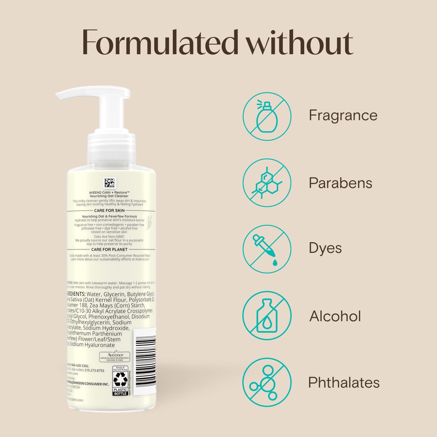 Aveeno Calm + Restore Nourishing Oat Face Cleanser, Daily Hydrating Facial Cleanser for Sensitive Skin with Nourishing Oat & Feverfew, Hypoallergenic, Non-Comedogenic, Fragrance-Free, 7.8 Fl Oz